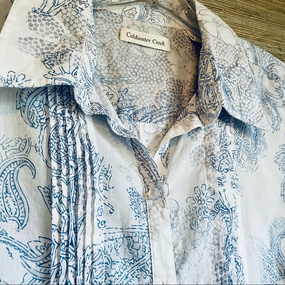 COLDWATER CREEK Blue & White Casual Blouse, Pin-tucks, Button-Down, M - Picture 9 of 15